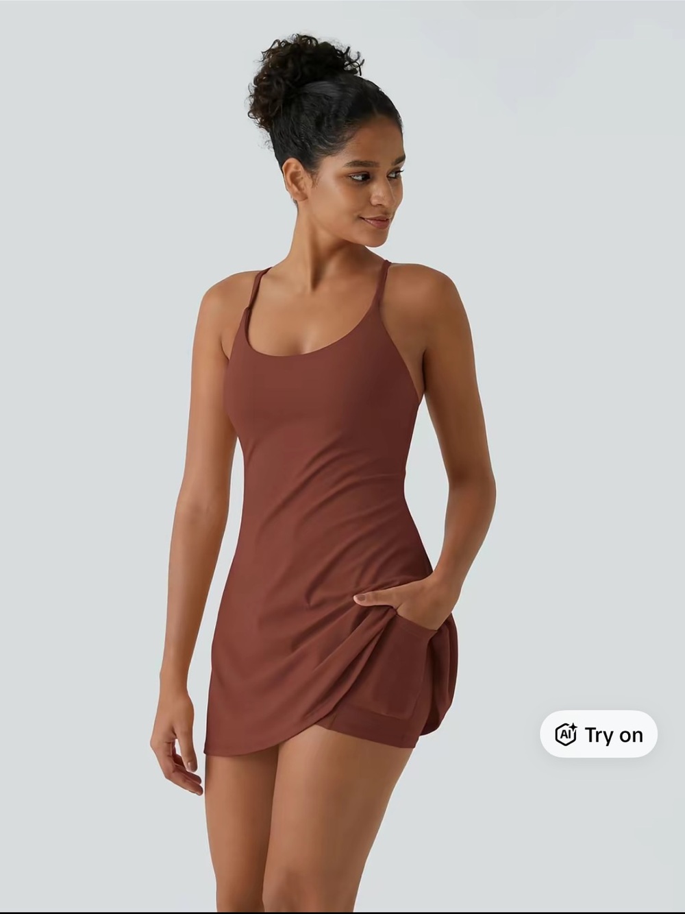 HALARA Brown Scoop-Neck Mini Dress with Thin Straps